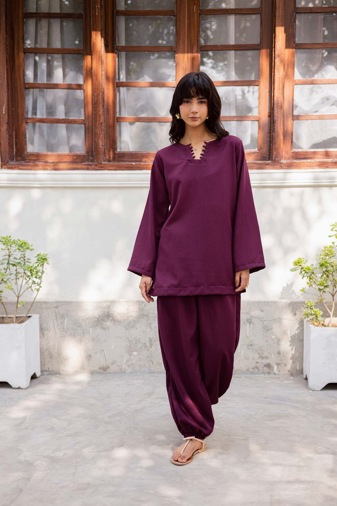 2PC Textured Dress-SB-Dark Plum