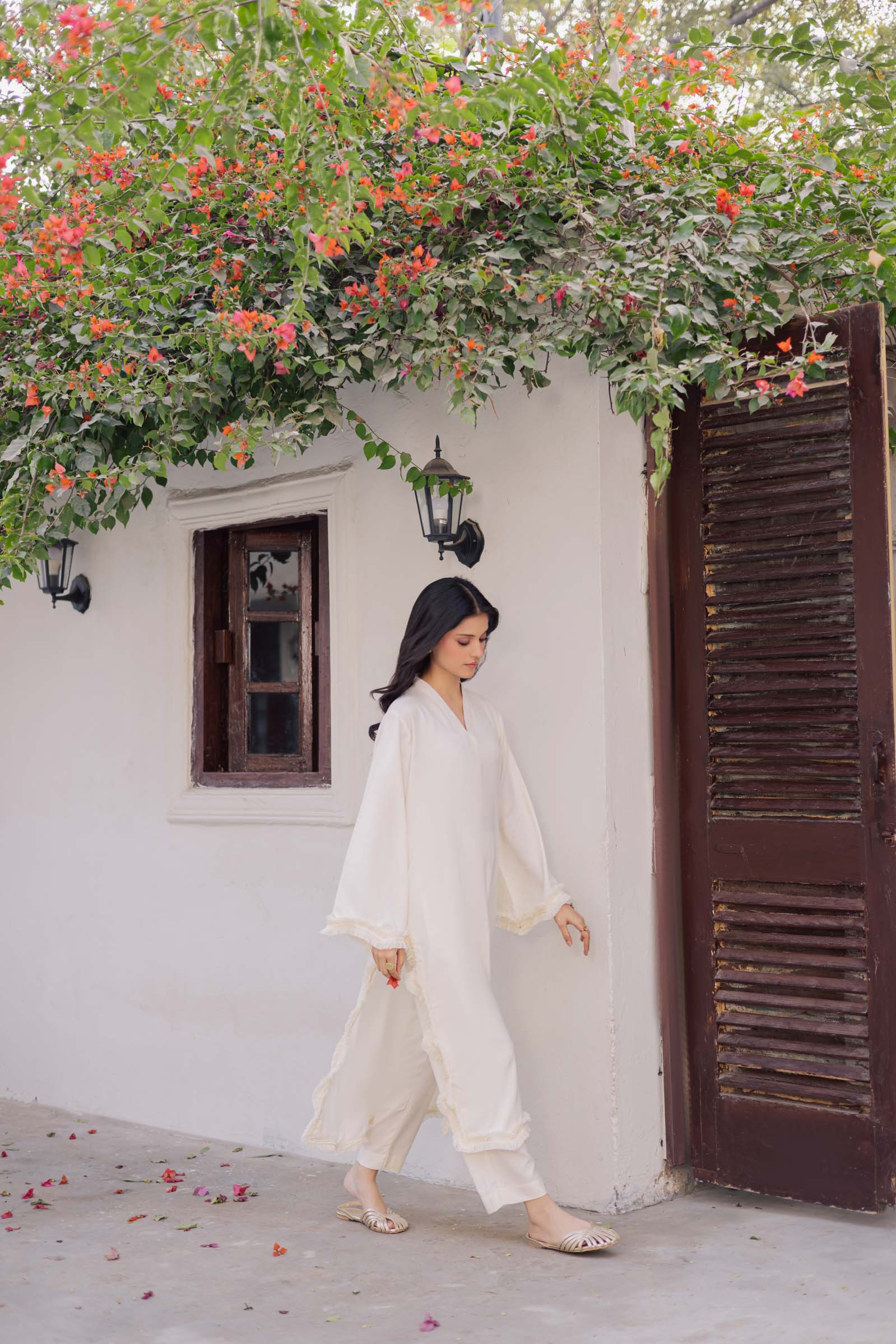 Solid Lace Work Dress-Cream