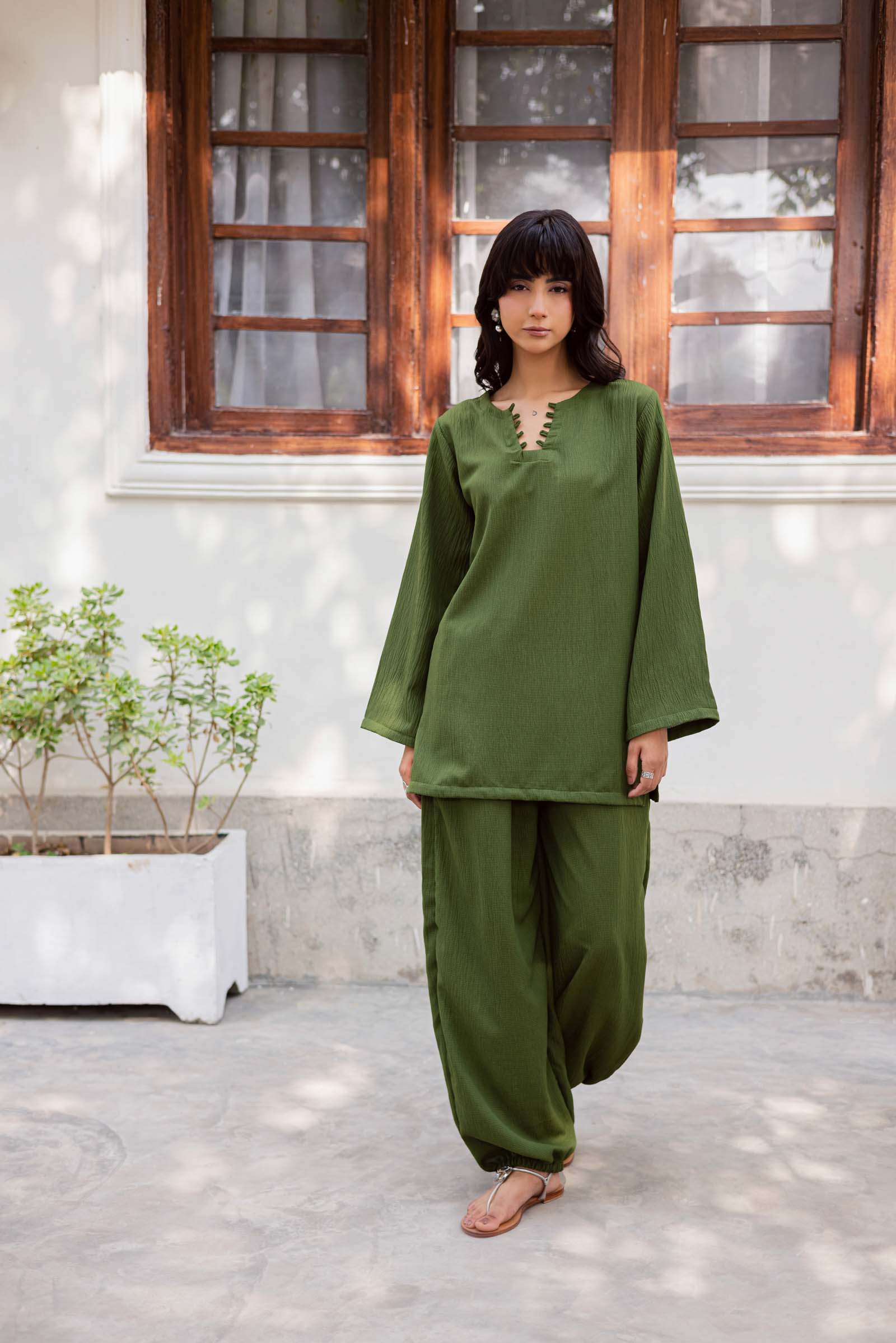 2PC Textured Dress-SB-Olive Green