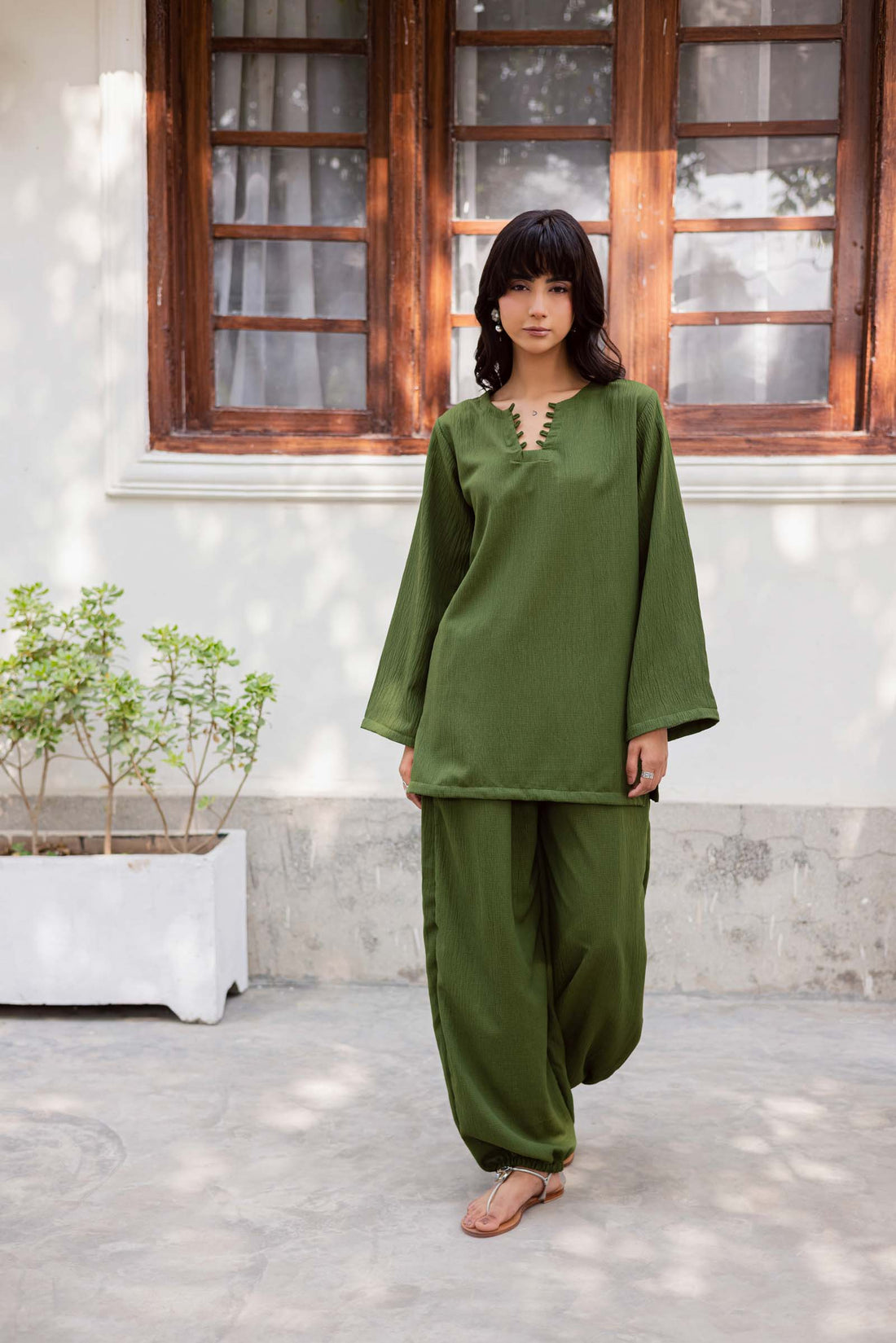 2PC Textured Dress-SB-Olive Green