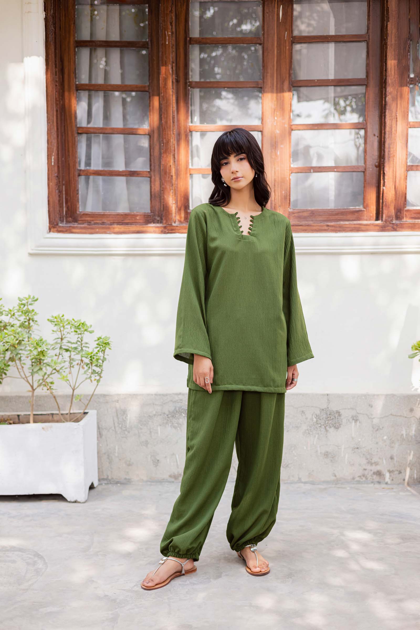 2PC Textured Dress-SB-Olive Green