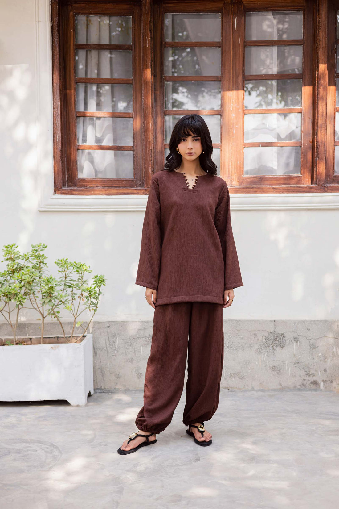 2PC Textured Dress-SB-Dark Brown