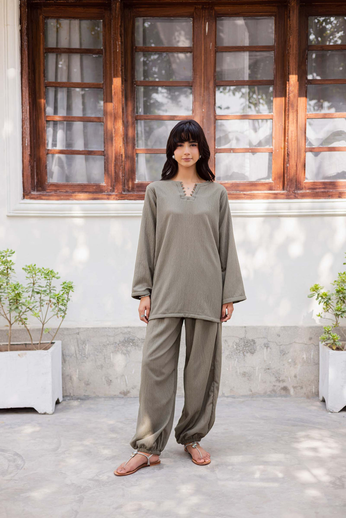 2PC Textured Dress-SB-Sage Green