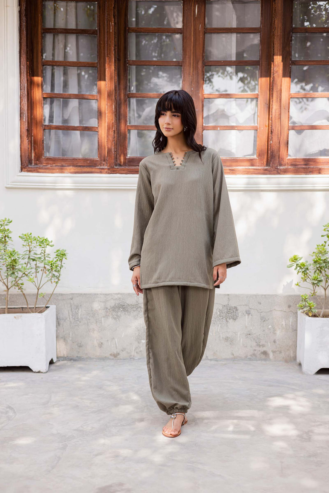 2PC Textured Dress-SB-Sage Green