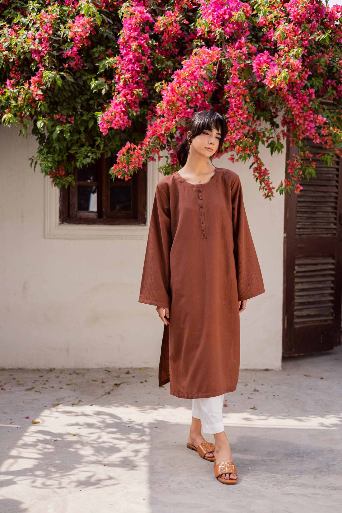 1PC Textured Kurta-Chocolate Brown