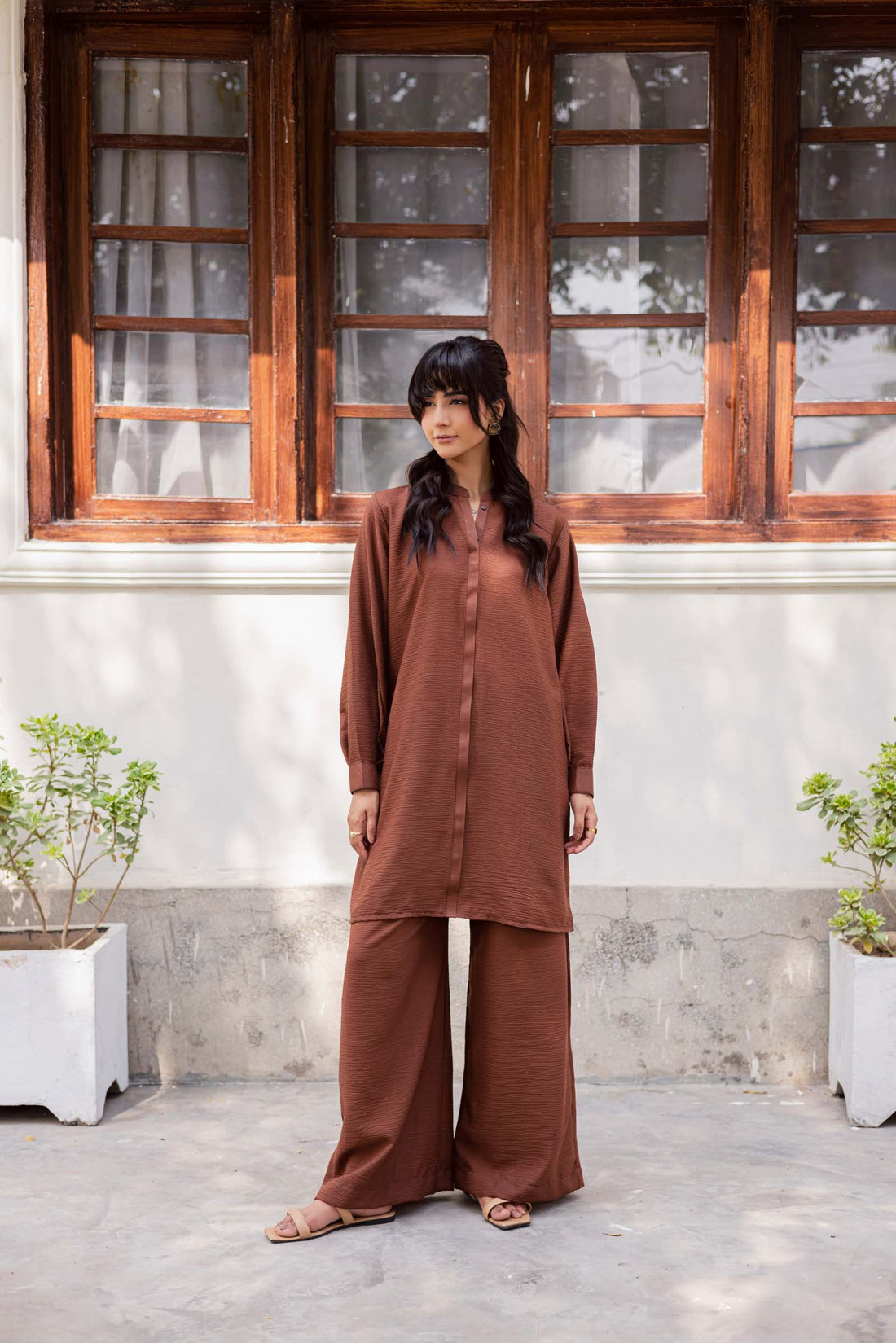 2PC Textured Dress-SP-Chocolate Brown