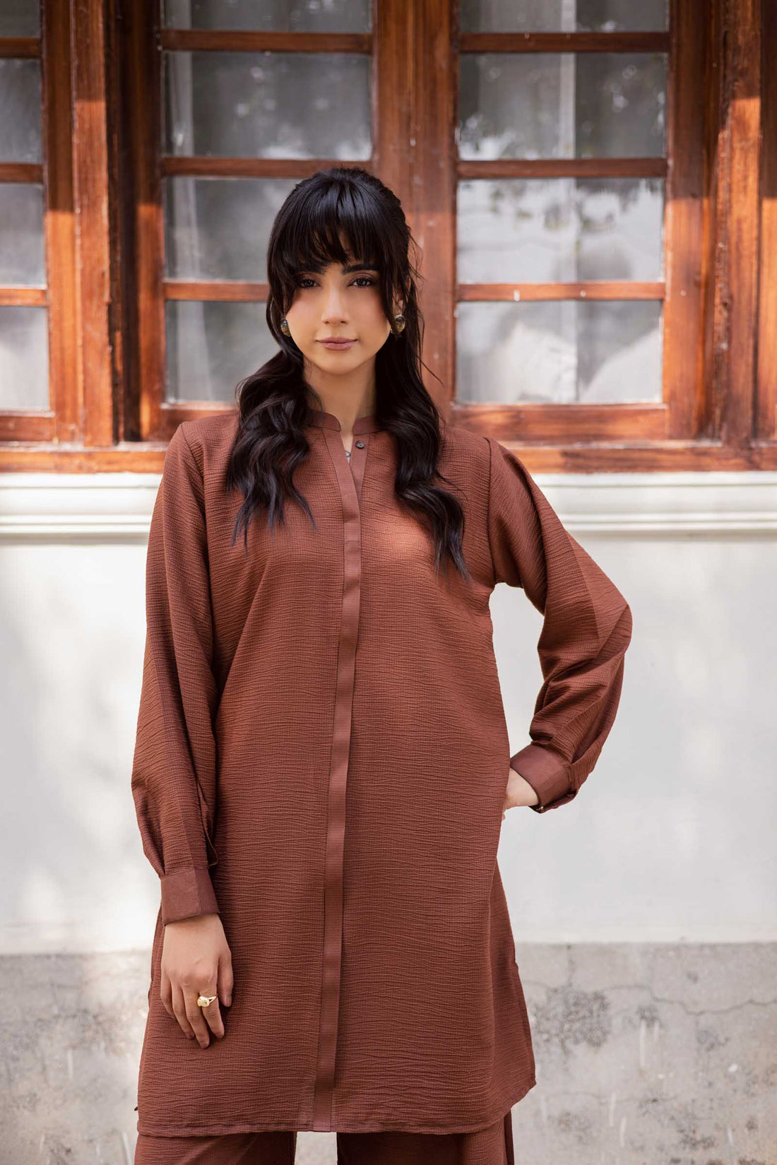 2PC Textured Dress-SP-Chocolate Brown