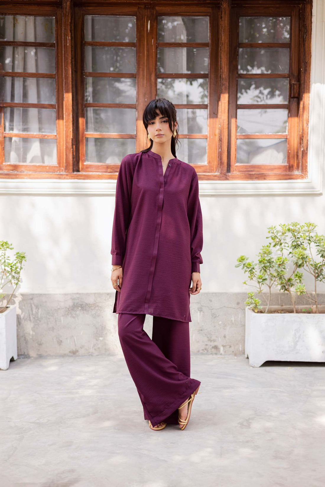 2PC Textured Dress-SP-Dark Plum