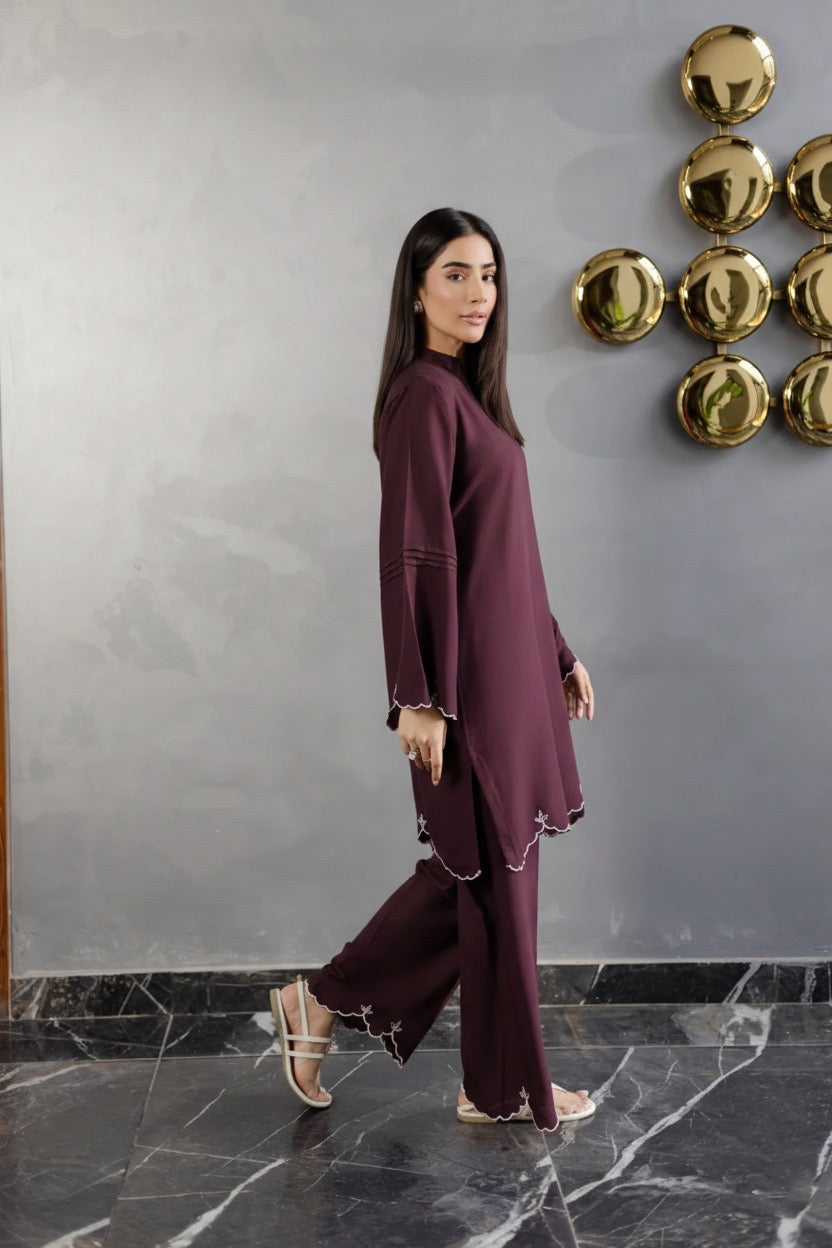 Embroidered Solid 2PC Dress - SP-04 Dark Plum