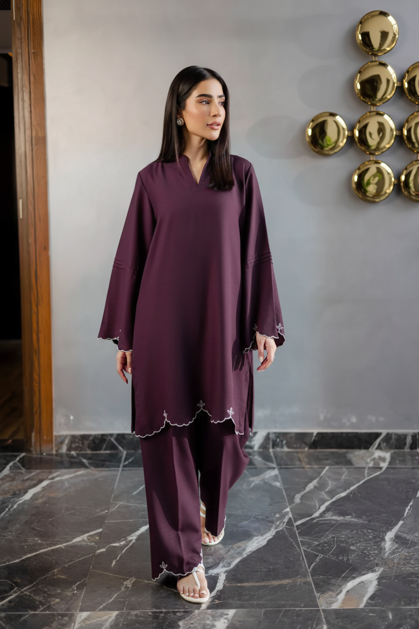 Embroidered Solid 2PC Dress - SP-04 Dark Plum