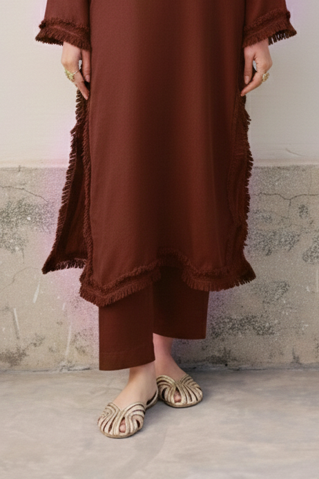 Solid Lace Work Dress-Chocolate Brown