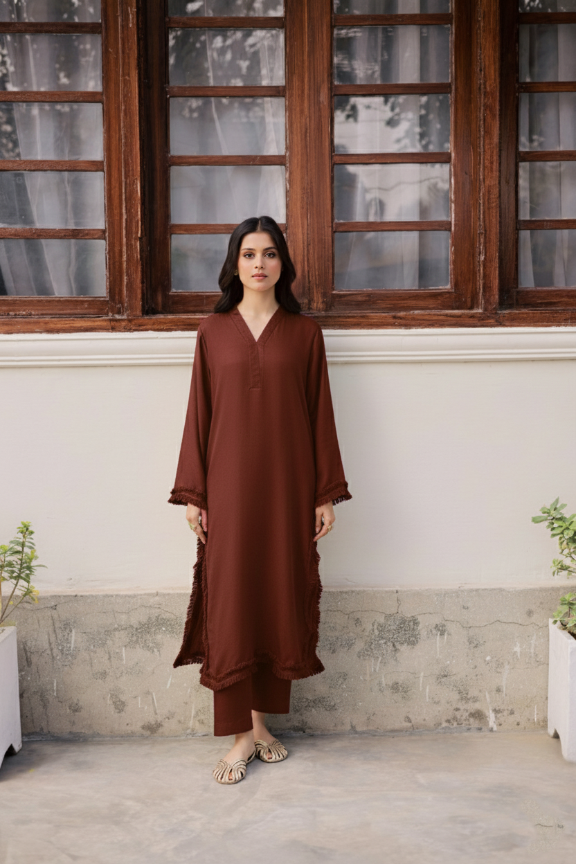 Solid Lace Work Dress-Chocolate Brown Silayi Pret Solid Lace Work Dress-Chocolate Brown Silayi Pret