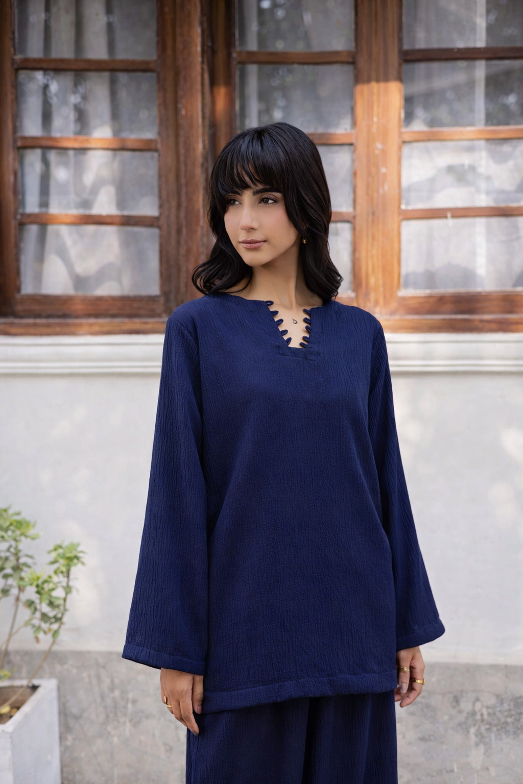 2PC Textured Dress-SB-Navy Blue