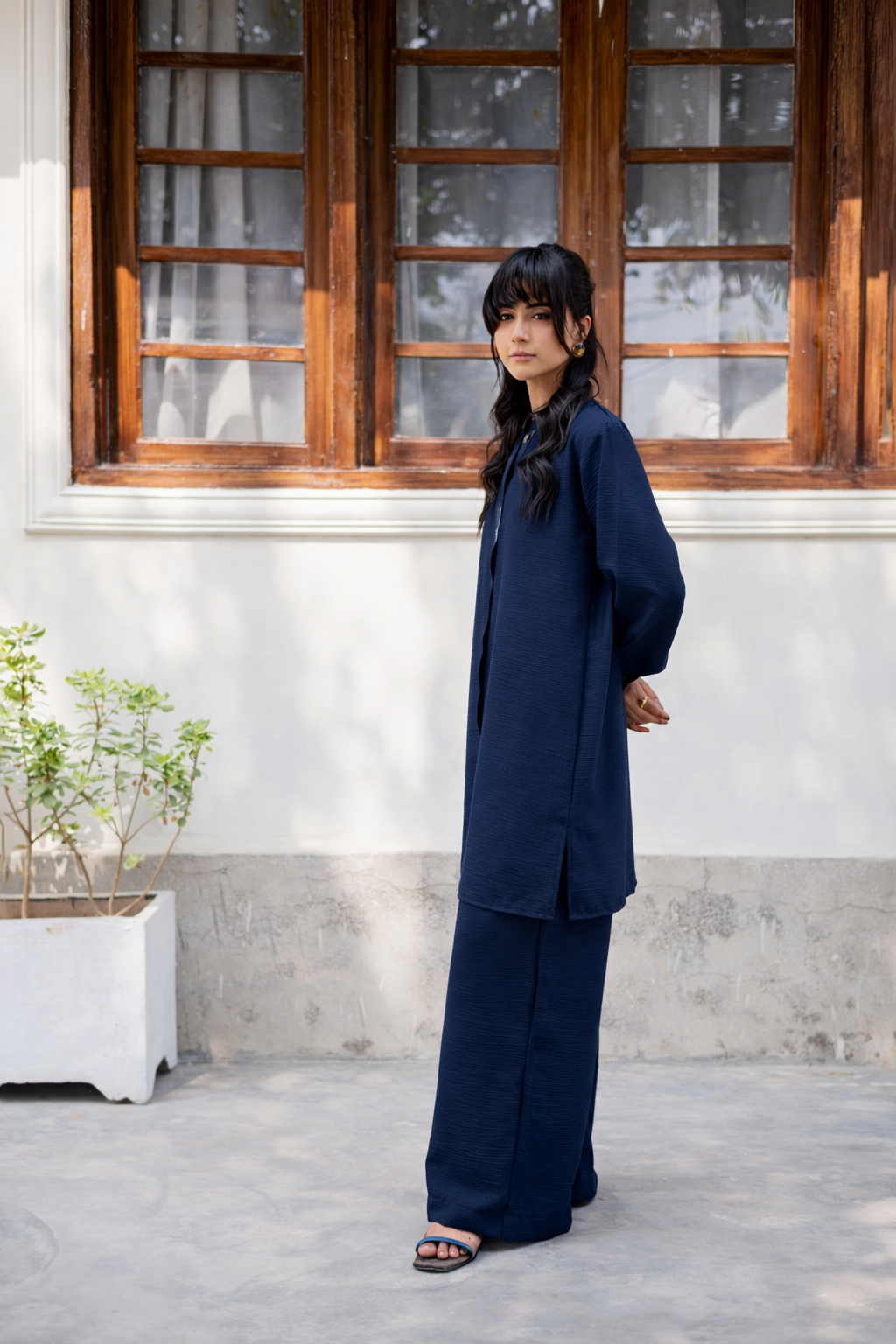 2PC Textured Dress-SP-Navy Blue