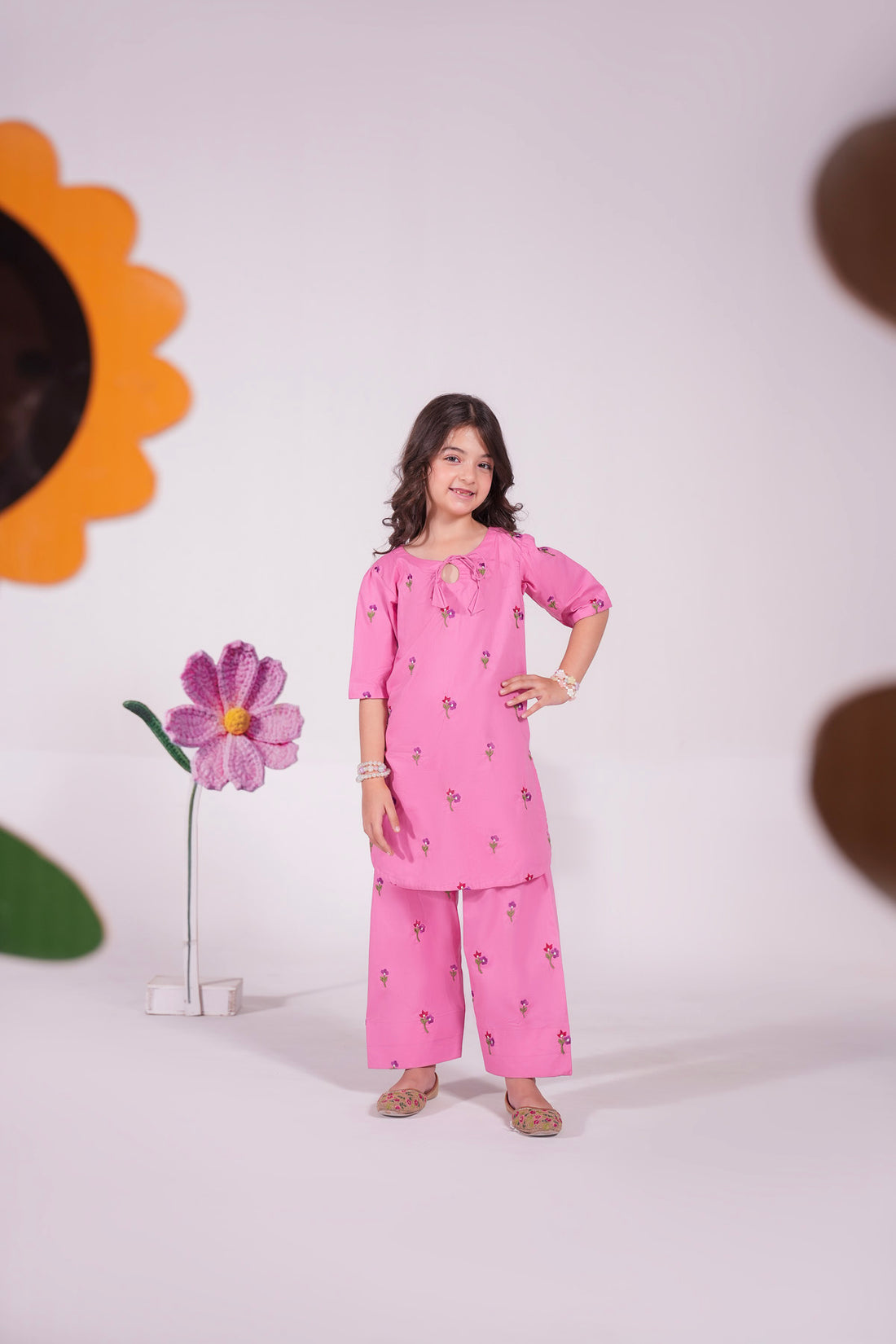 2PC Kids Embroidered Dress - PNK1