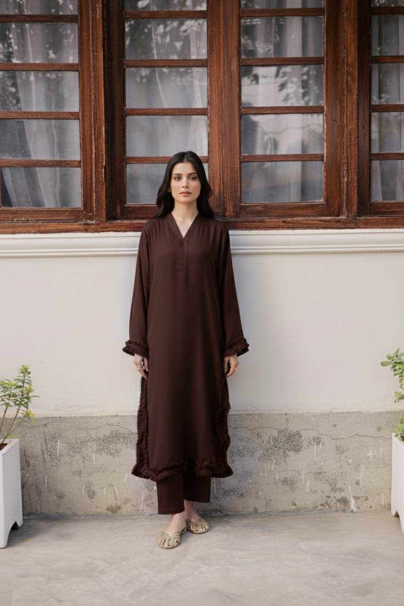 Solid Lace Work Dress-Dark Brown  Silayi Pret