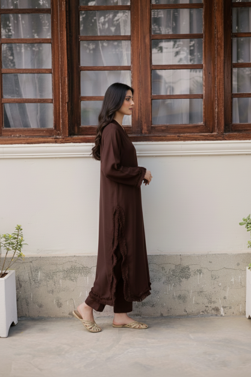 Solid Lace Work Dress-Dark Brown