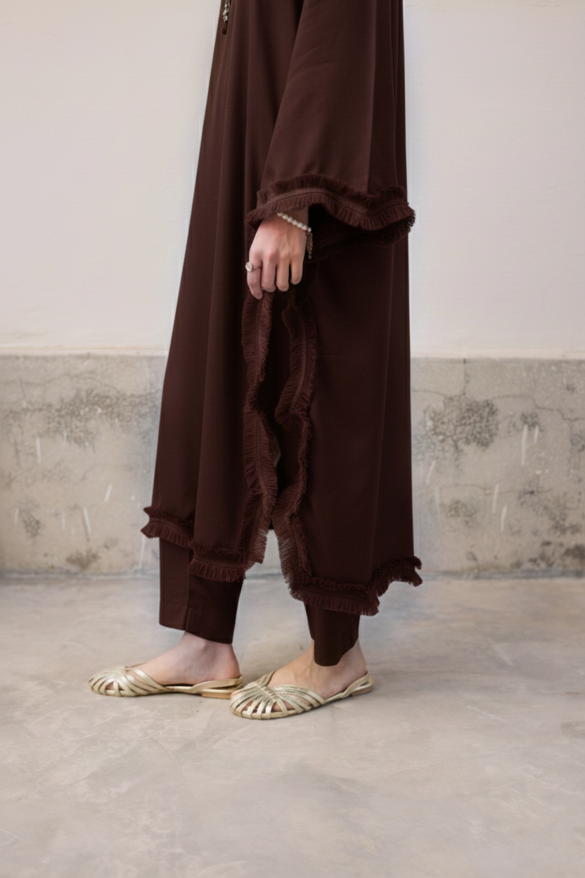 Solid Lace Work Dress-Dark Brown