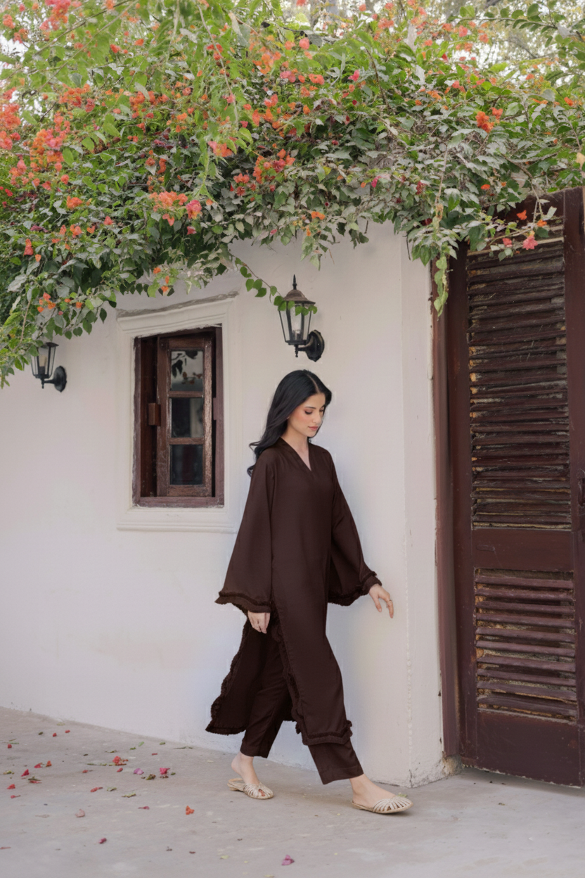 Solid Lace Work Dress-Dark Brown