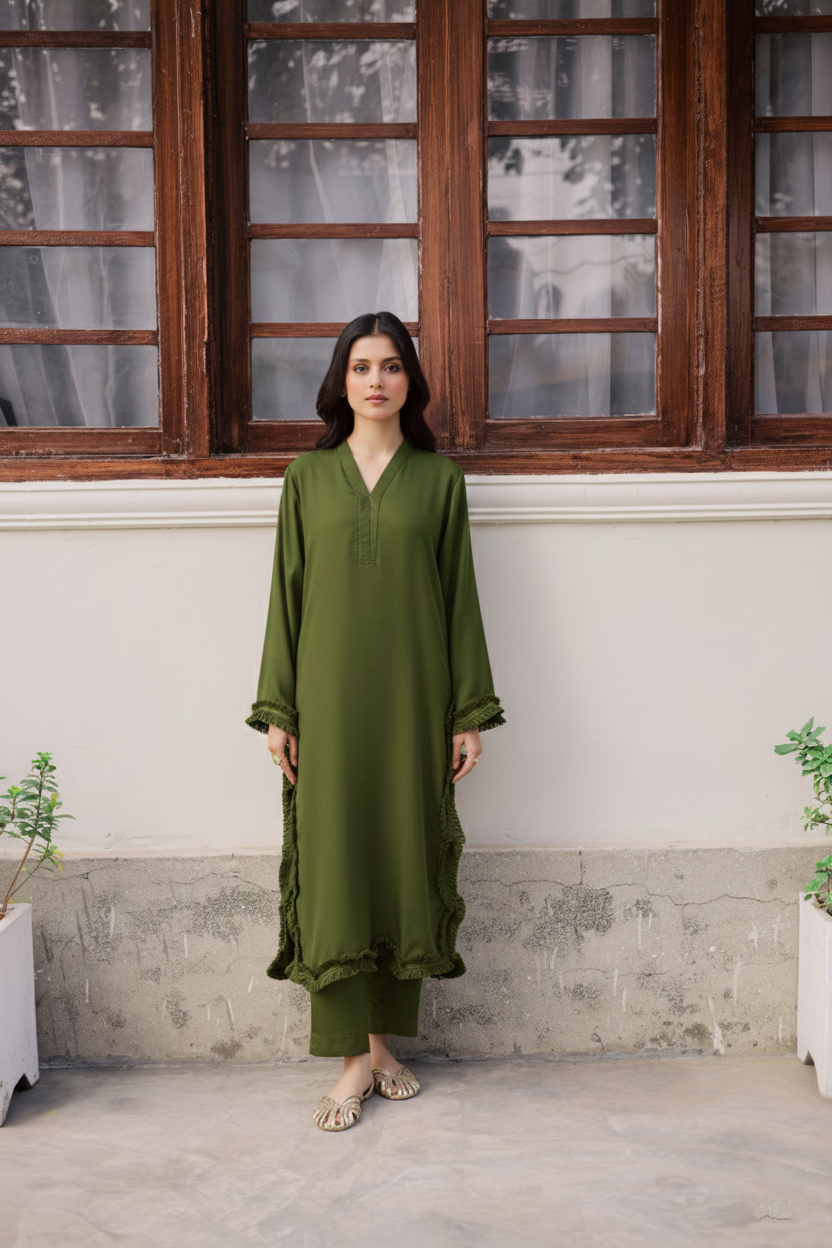 Solid Lace Work Dress-Olive Green