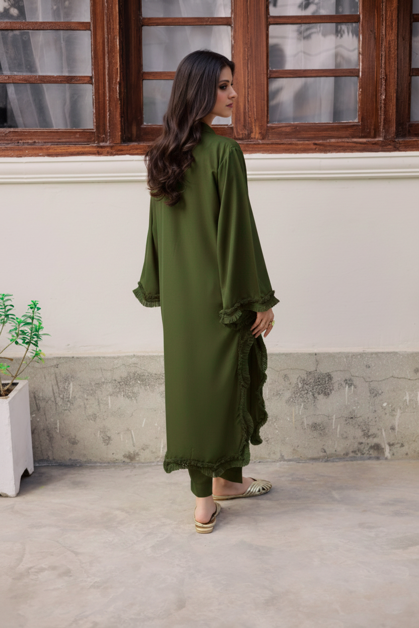 Solid Lace Work Dress-Olive Green