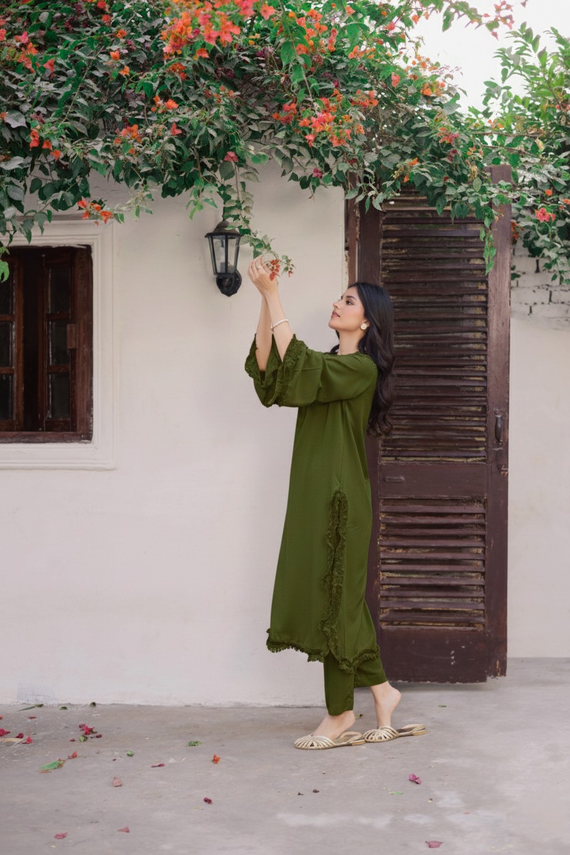 Solid Lace Work Dress-Olive Green