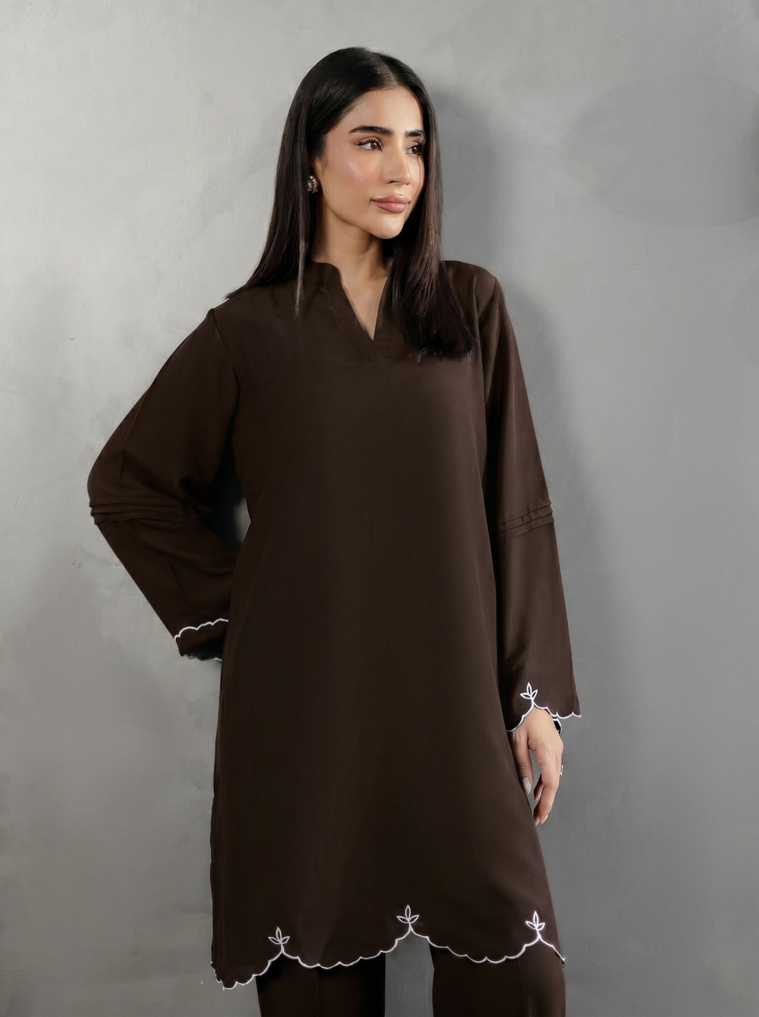 Embroidered Solid 2PC Dress - SP-04 Chocolate Brown