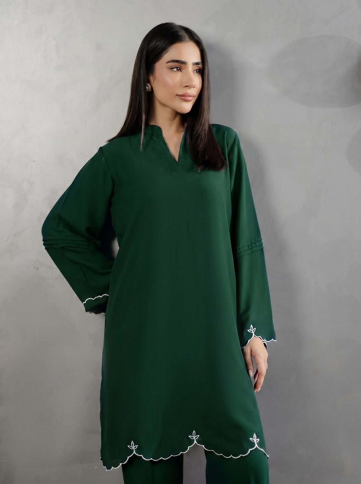 Embroidered Solid 2PC Dress - SP-04 Emerald Green