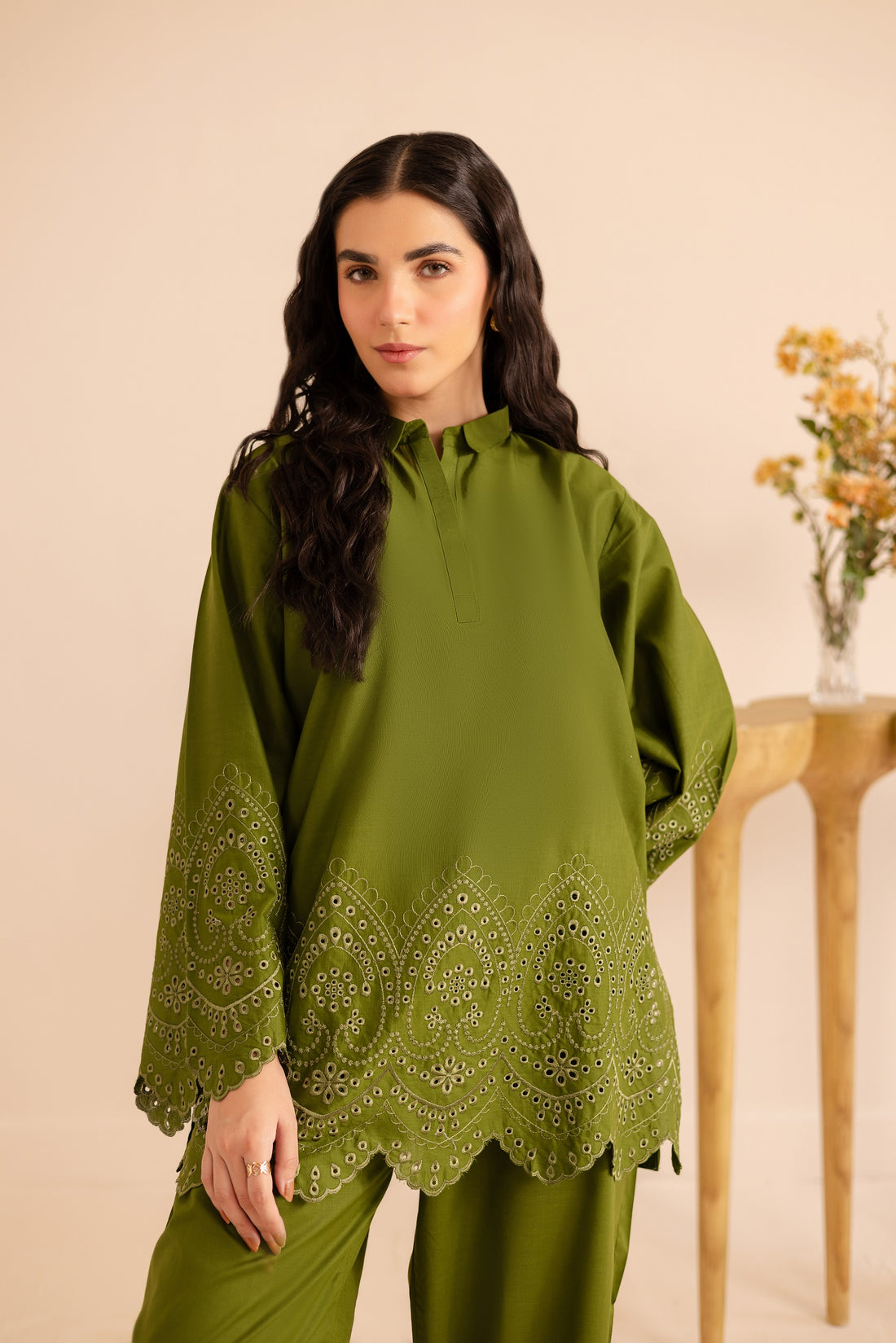Schiffli Embroidered Co-Ord - 1157-O.GRN