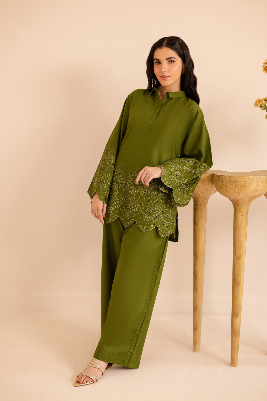 Schiffli Embroidered Co-Ord - 1157-O.GRN