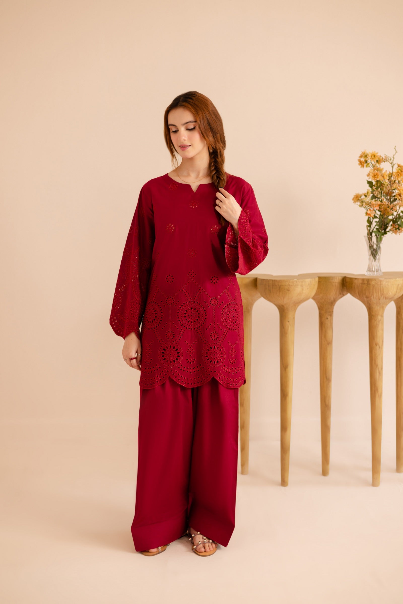 Schiffli Embroidered Co-Ord - 1166-MRN