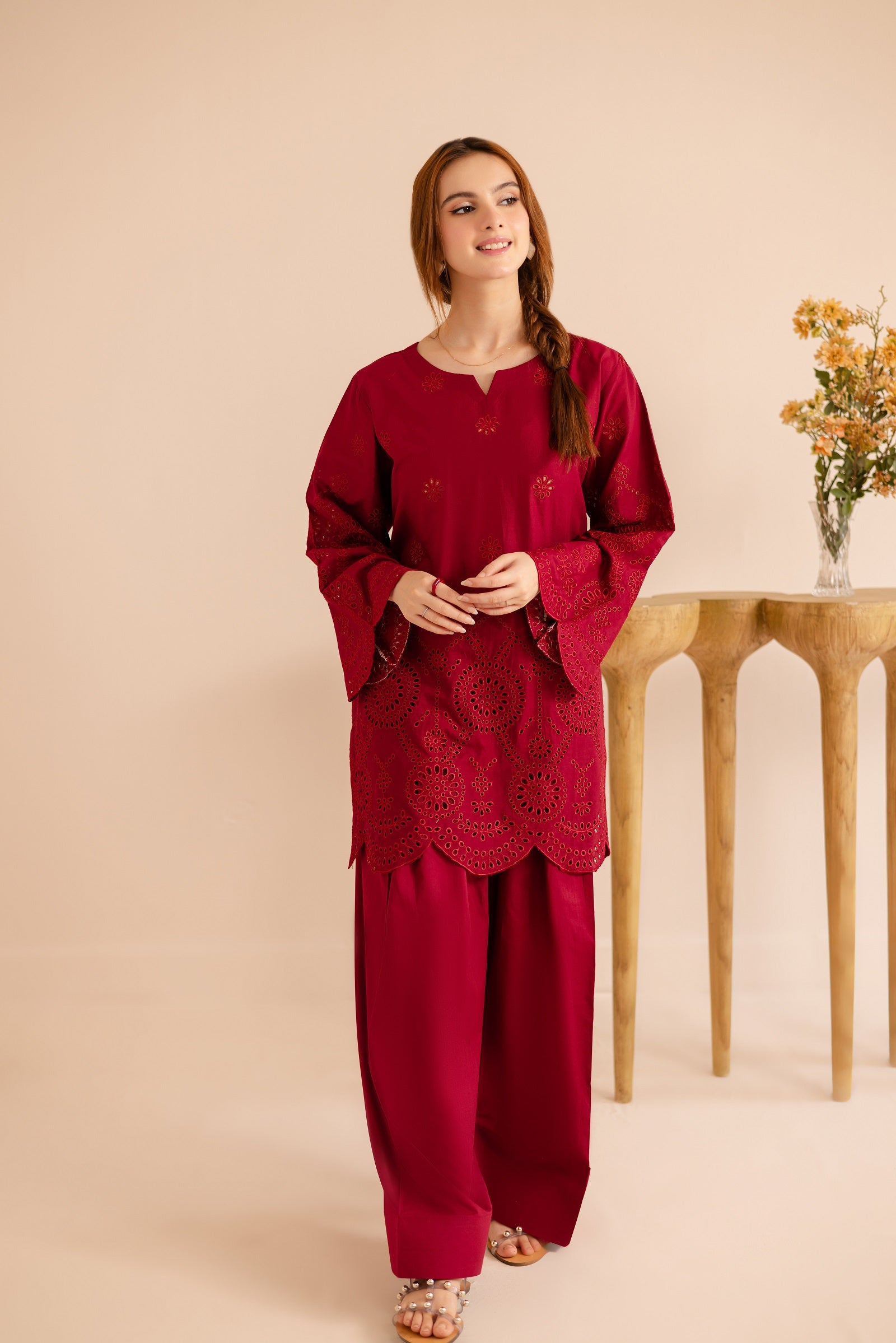 Schiffli Embroidered Co-Ord - 1166-MRN