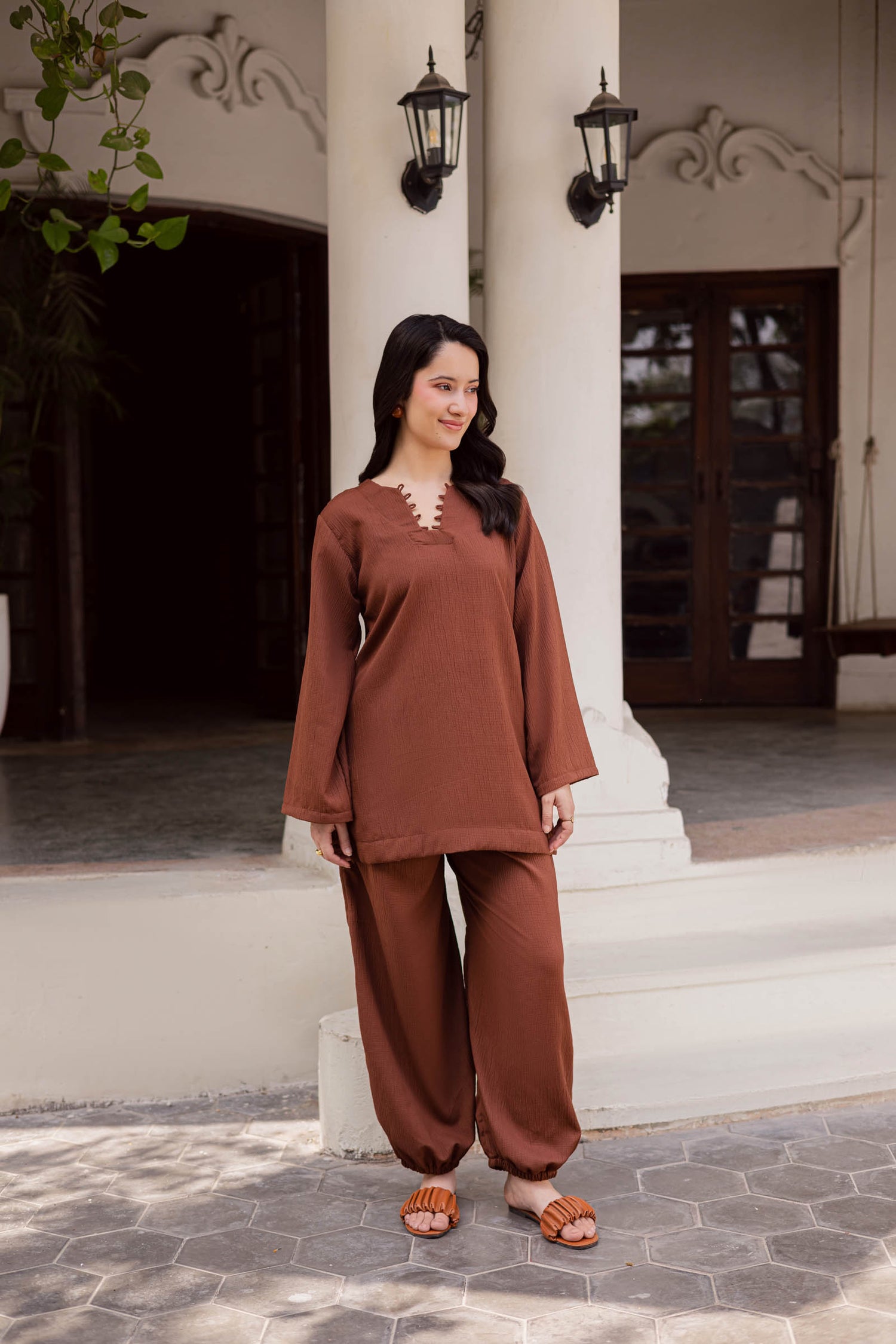 2PC Textured Dress-SB-Chocolate Brown