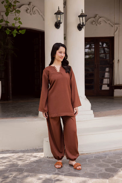2PC Textured Dress-SB-Chocolate Brown