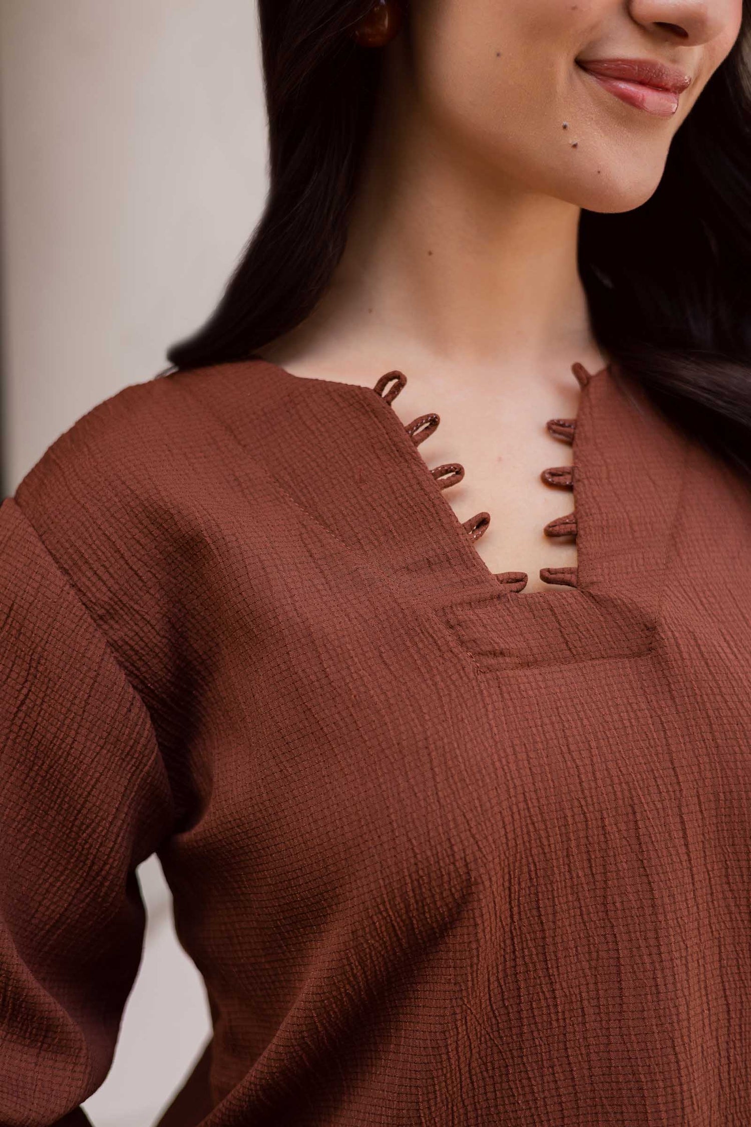 2PC Textured Dress-SB-Chocolate Brown