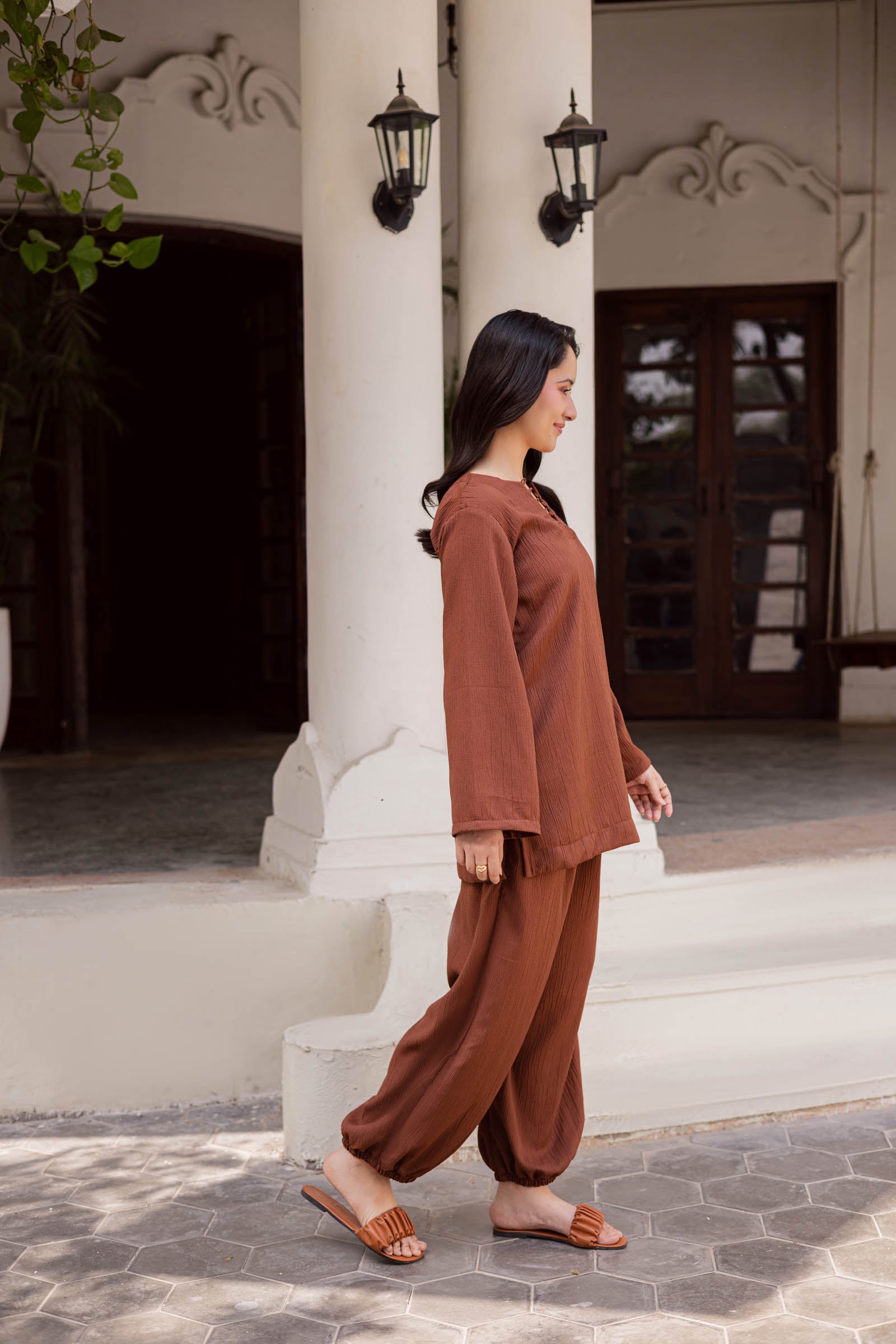 2PC Textured Dress-SB-Chocolate Brown