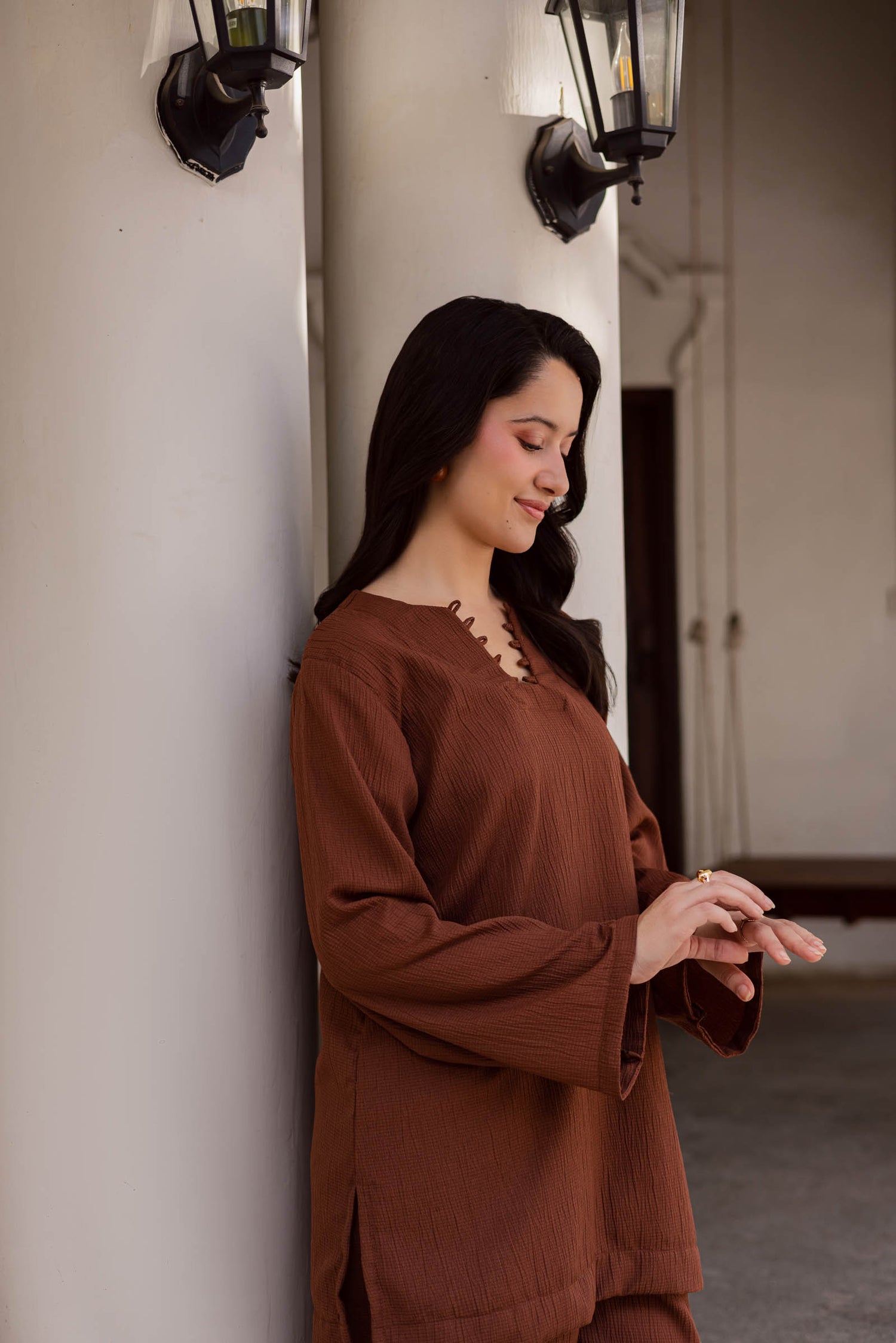 2PC Textured Dress-SB-Chocolate Brown