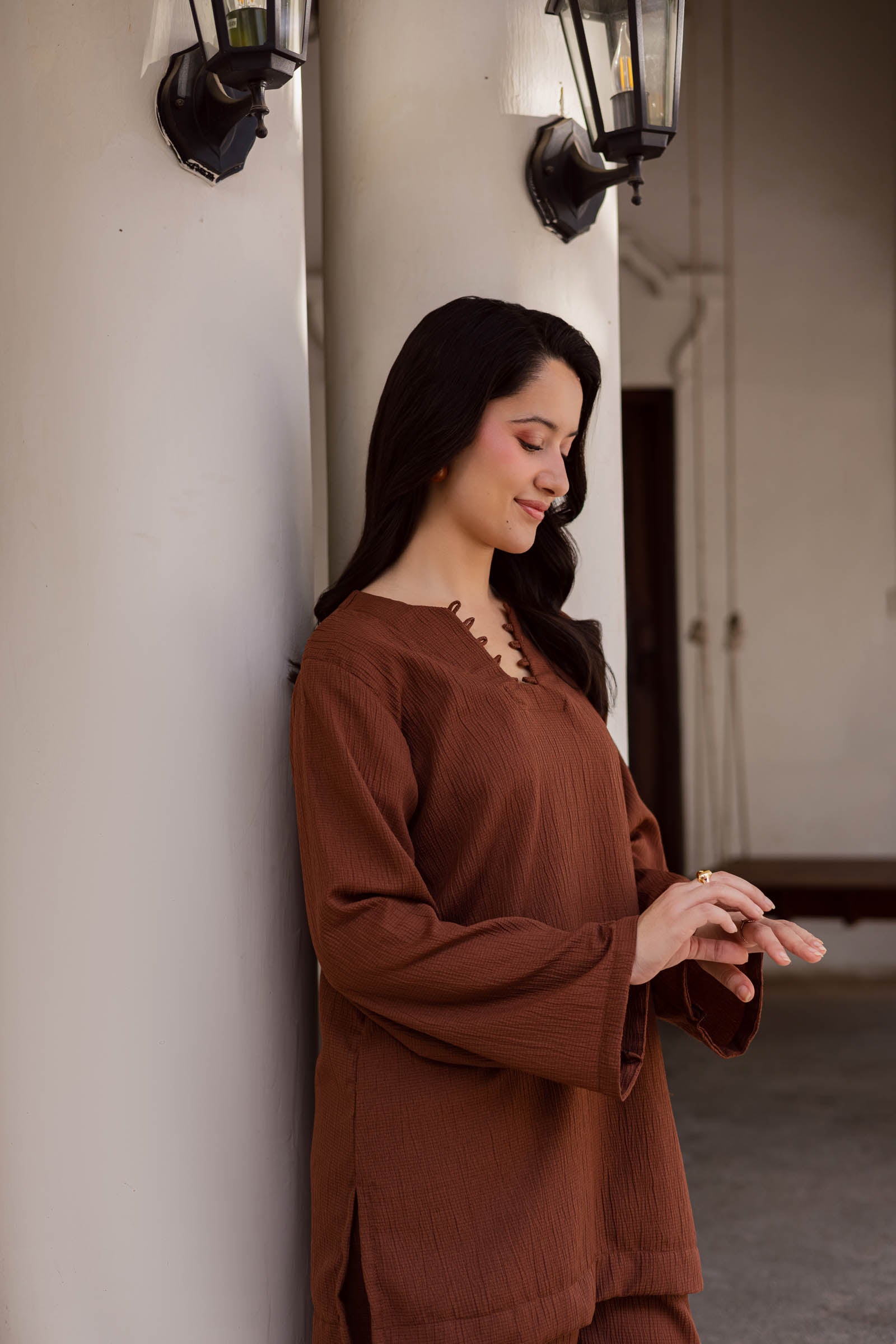 2PC Textured Dress-SB-Chocolate Brown