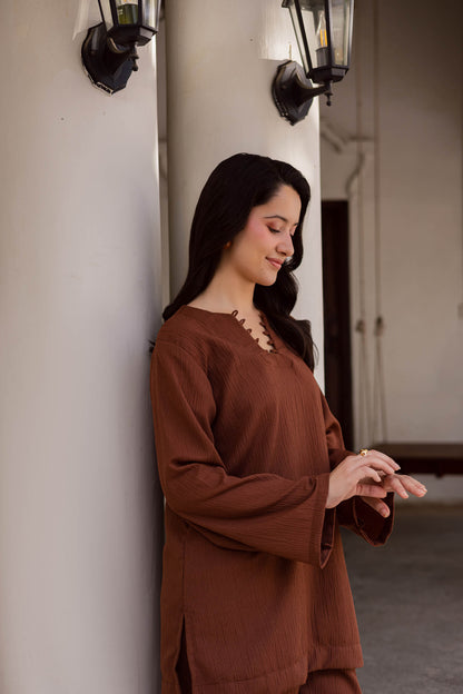 2PC Textured Dress-SB-Chocolate Brown