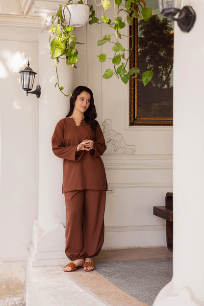 2PC Textured Dress-SB-Chocolate Brown