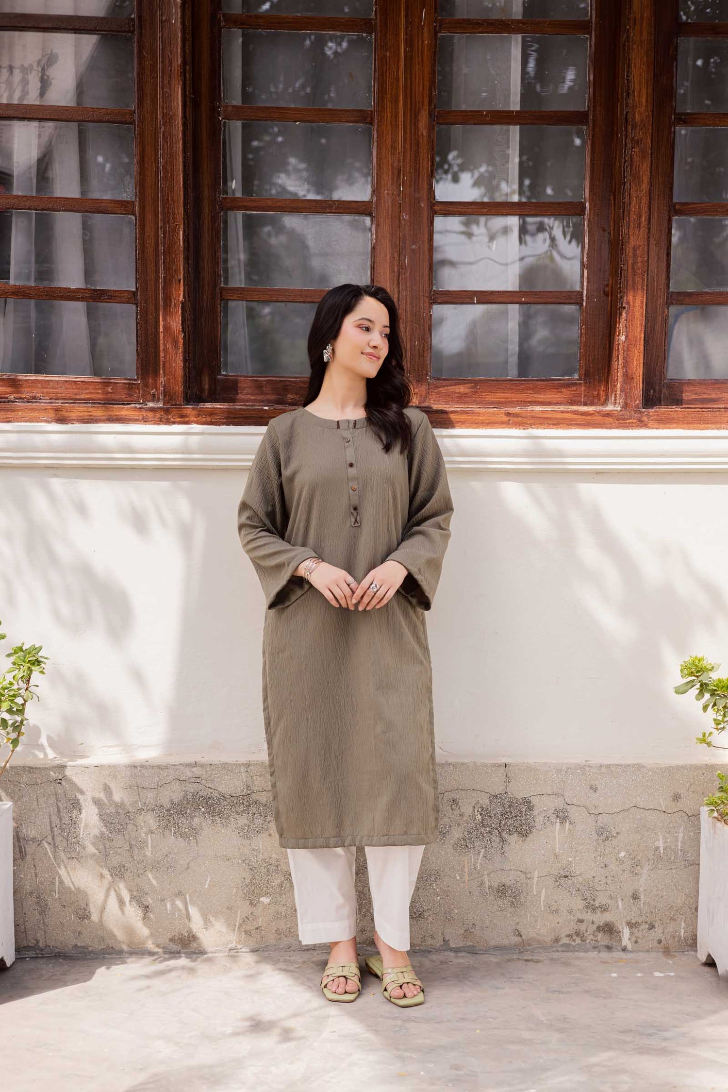 1PC Textured Kurta-Sage Green