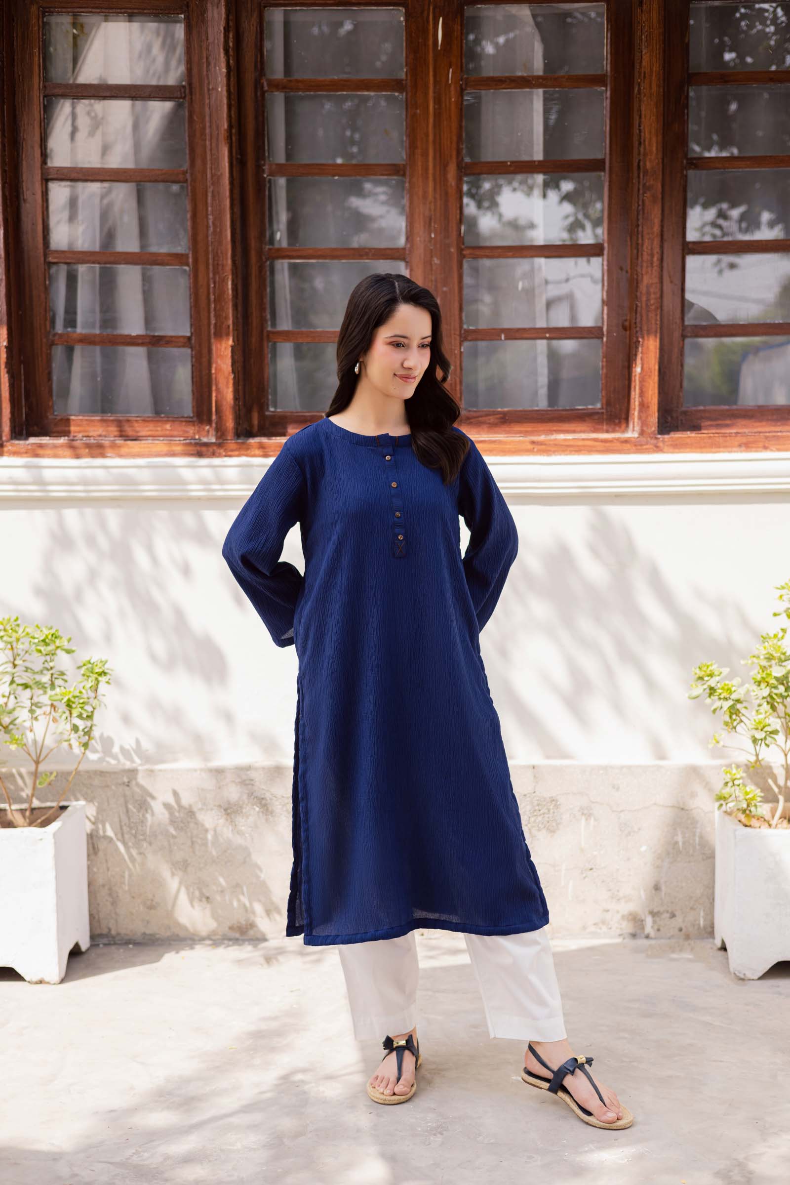 1PC Textured Kurta-Navy Blue