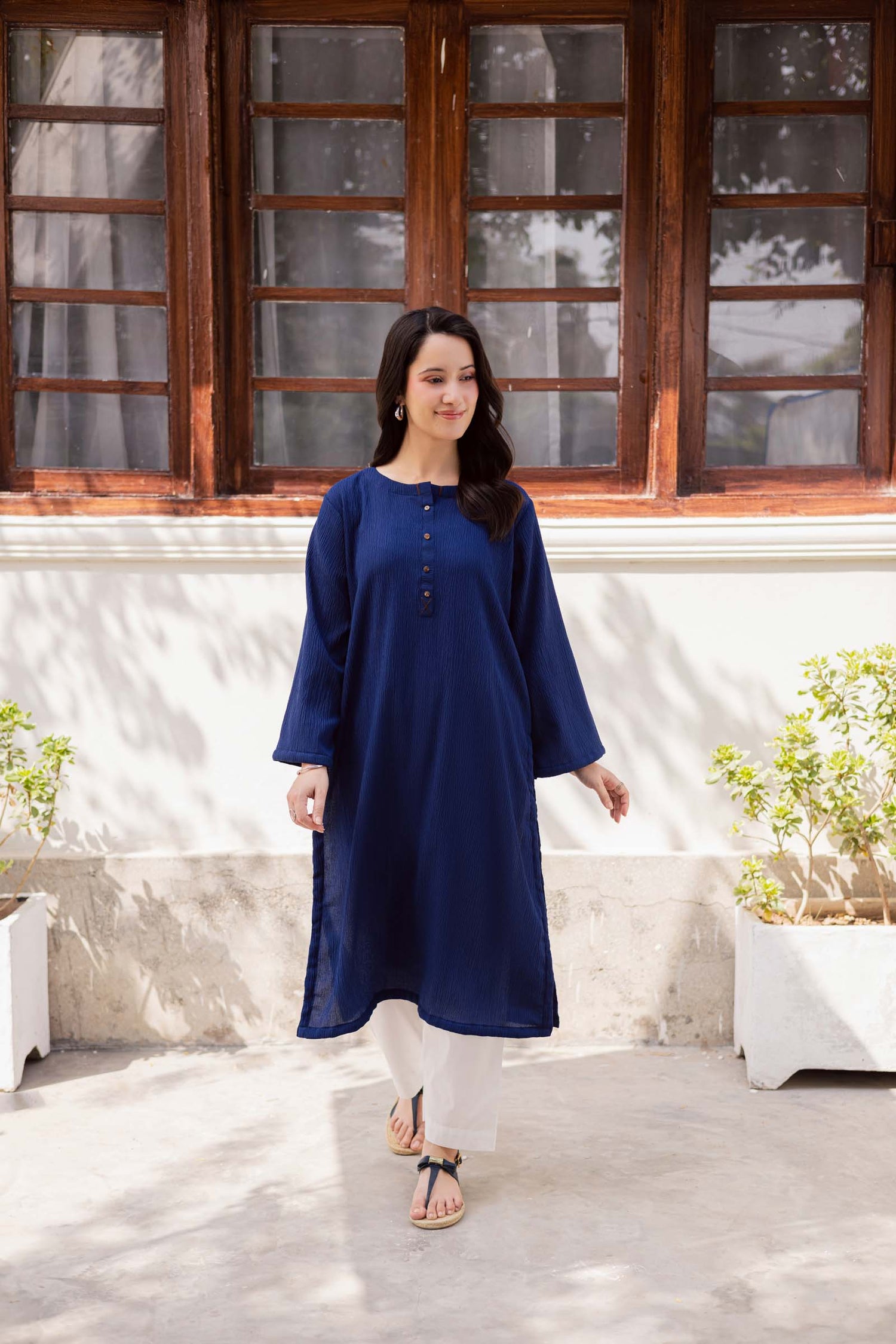 1PC Textured Kurta-Navy Blue