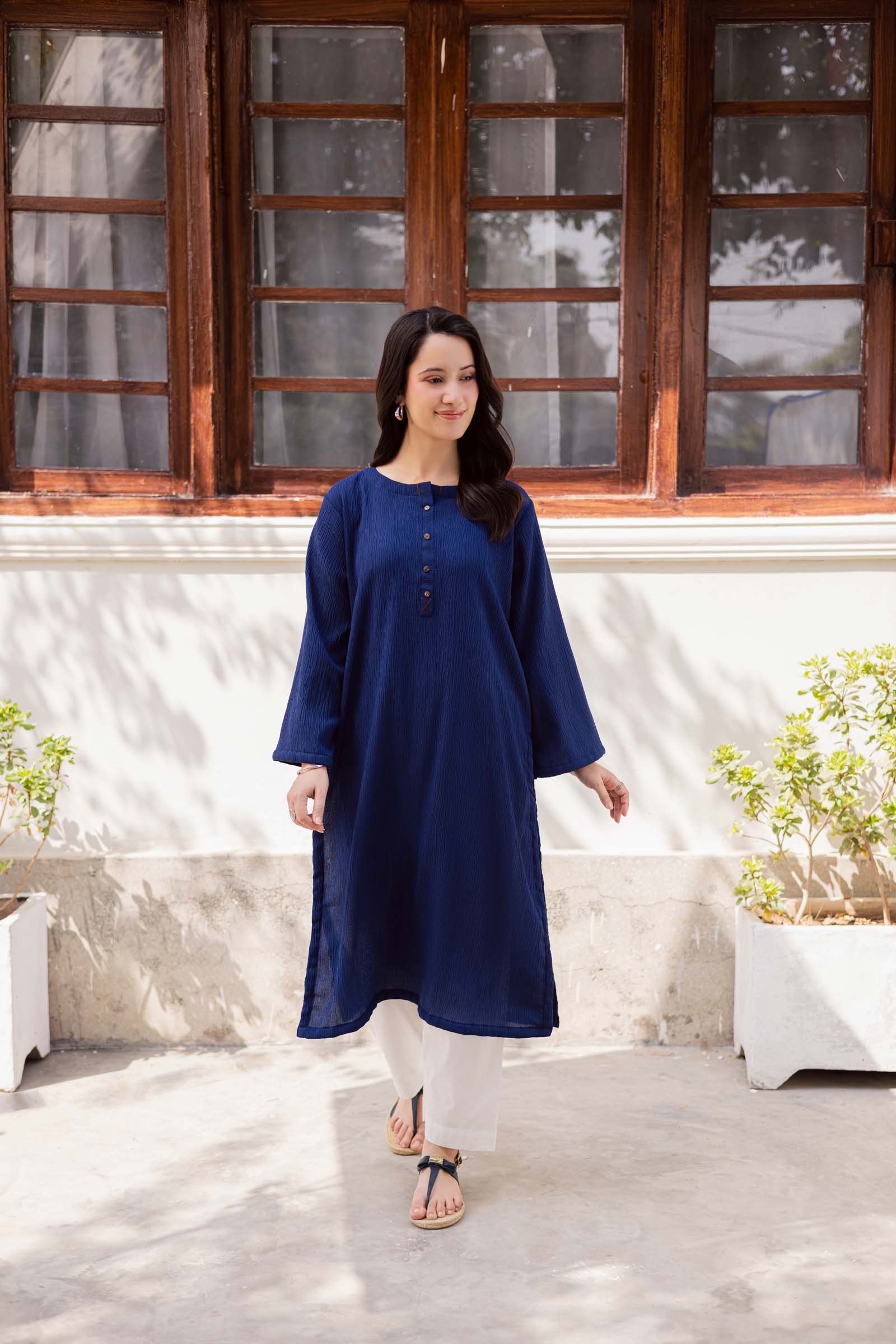 1PC Textured Kurta-Navy Blue