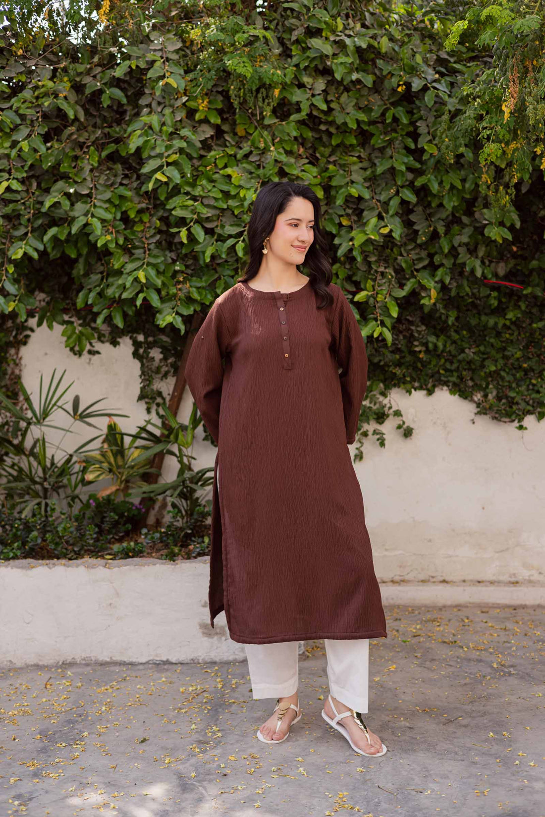 1PC Textured Kurta-Dark Brown