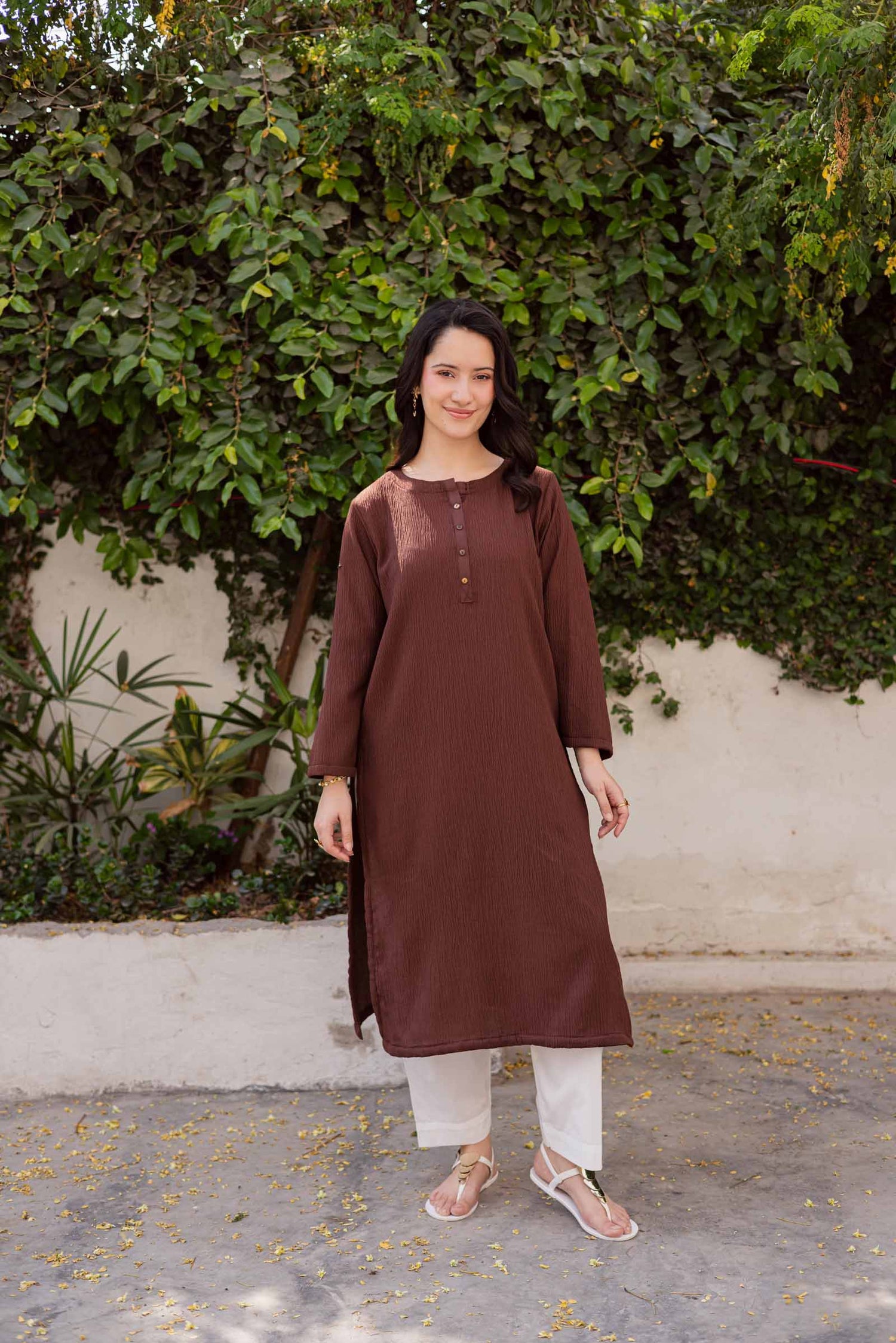 1PC Textured Kurta-Dark Brown