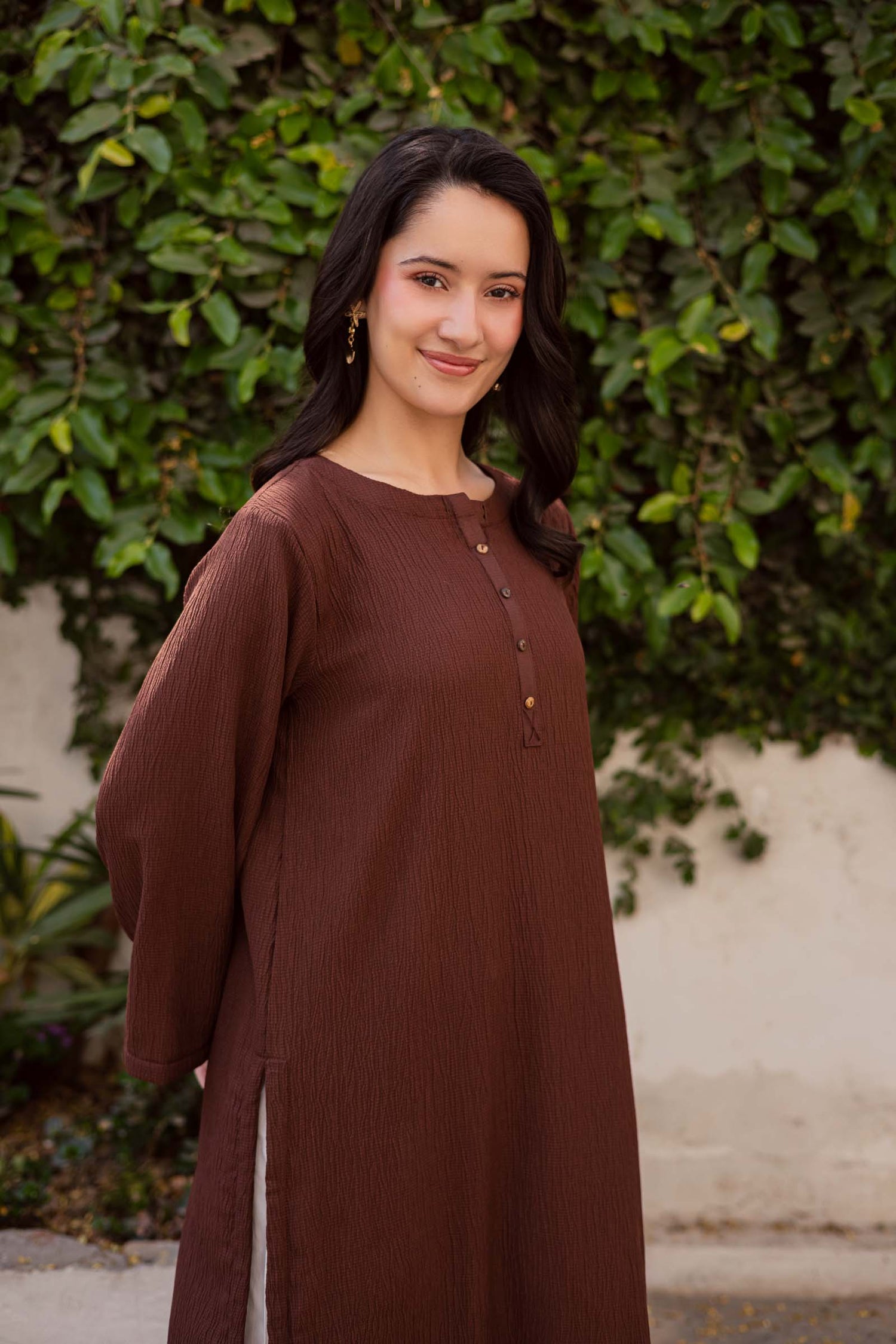 1PC Textured Kurta-Dark Brown