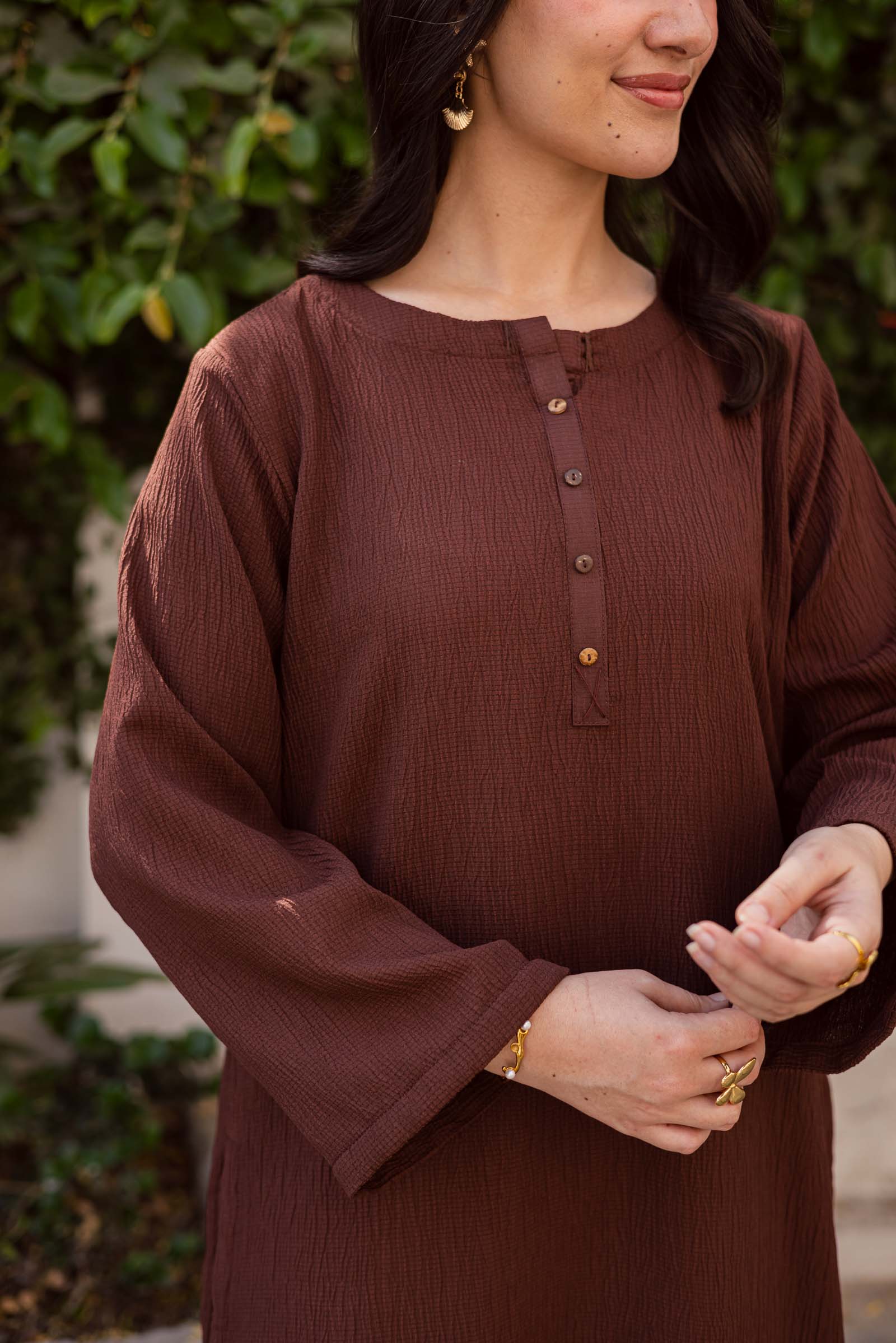 1PC Textured Kurta-Dark Brown