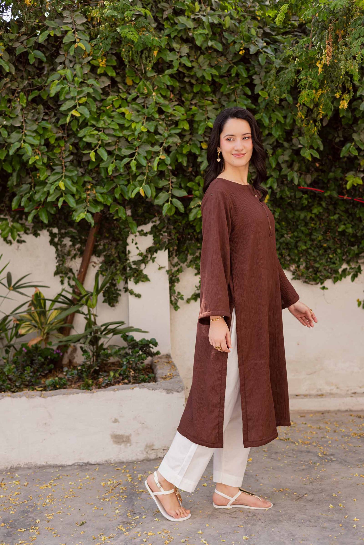 1PC Textured Kurta-Dark Brown