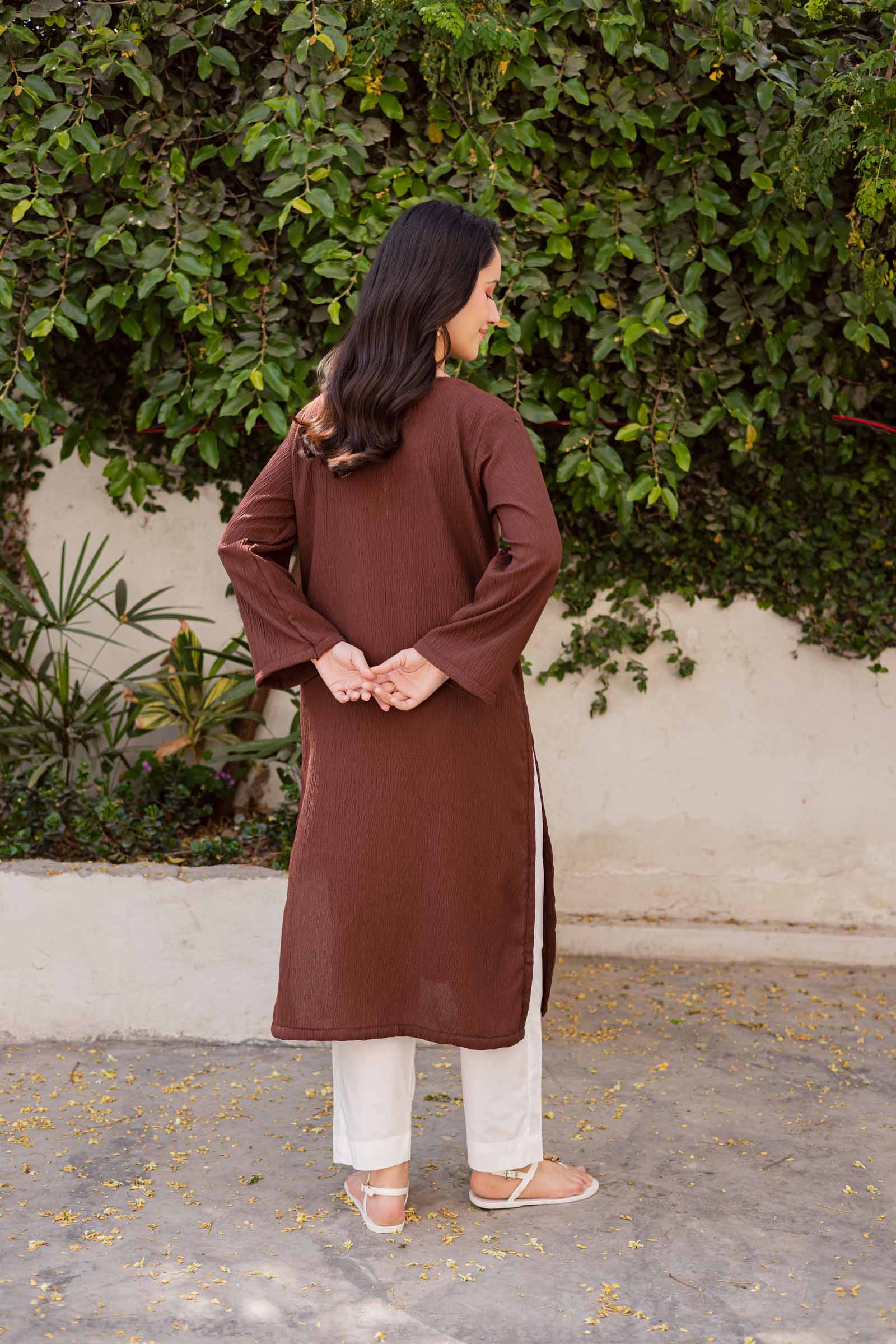 1PC Textured Kurta-Dark Brown